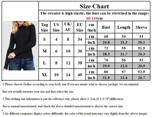 Detailed size chart for women's striped knit sweater with US, UK, and EU measurements