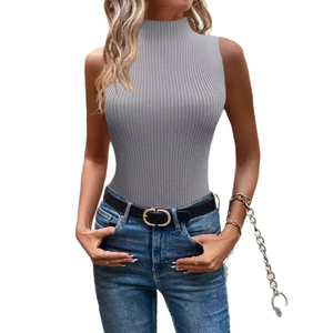 Slim fit grey sleeveless turtleneck knit top in ribbed fabric for casual styling