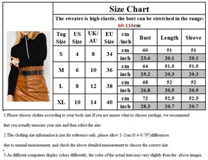 Detailed size chart for rhinestone knit sweater showing bust and length in cm and inches