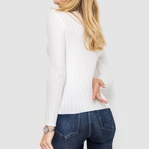 Detail shot of white ribbed knit sweater back with slim fit cut and vertical stripe pattern