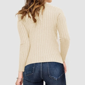 Back view of beige ribbed long sleeve knit sweater with high neck and stripe texture