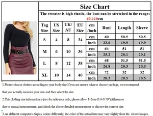 Detailed size chart for women's rib knit sweater with S-XL measurements and US/UK/EU sizing