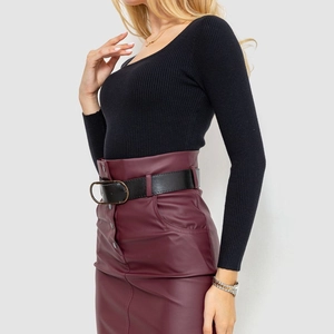 Detail of ribbed knit black long sleeve top and wine red faux leather skirt with belt