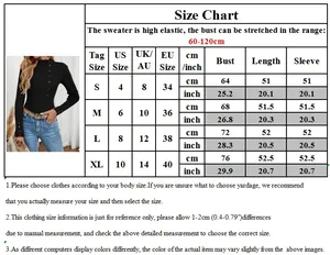 Detailed size chart for women's ribbed knit sweater showing US/UK/EU measurements in CM/IN