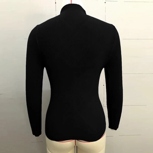 Rear view of black turtleneck knitted sweater with vertical ribbed texture on mannequin