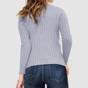 Detailed back view of a light grey vertical ribbed knit sweater for casual women's wear