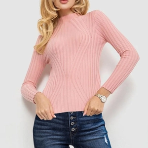 Detail of light pink knit sweater with slim fit ribbing and stand-up collar design