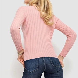 Close-up of pink long-sleeved slim fit knit sweater featuring detailed ribbed texture design