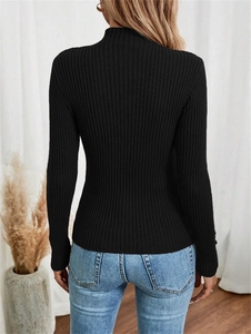 Slim fit black ribbed knit mock neck sweater with button details shown from the back