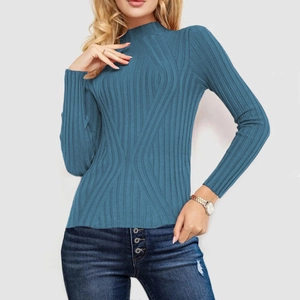 Women's peacock blue slim fit long sleeve knit sweater with vertical ribbed texture and high neck