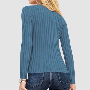 Detailed back view of a dusty blue long sleeve ribbed knit sweater for women