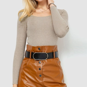 Detail of ribbed knit top and high-waisted faux leather skirt with retro buttons