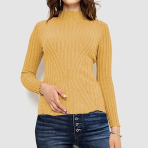 Detail showing mustard yellow ribbed knit texture and long sleeves of the slim sweater