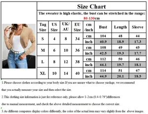 Detailed size guide for knitted cardigan showing measurements in cm and inches