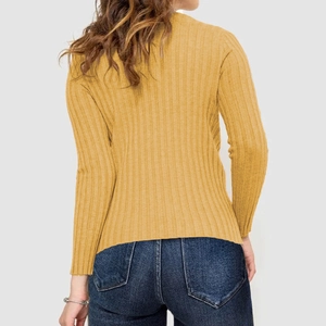 Back view showing the vertical ribbed knit texture and fit of the yellow sweater
