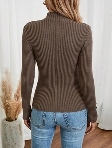 Back view of a slim fit dark brown mock-neck ribbed knit sweater for women