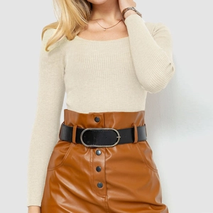 Close-up of ribbed knit sweater texture with a brown leather skirt and metal buckle belt