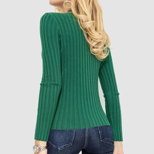Rear view of green slim fit ribbed knit sweater showing vertical stripe texture and fit