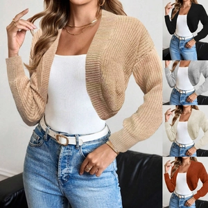 Women Cropped Knit Cardigan Open Front Bolero Shrug Long Sleeve Ribbed Solid Color Urban Casual Autumn Winter Sweater Top