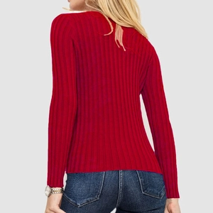 Back view of a red ribbed knit long sleeve sweater for women featuring a stand collar