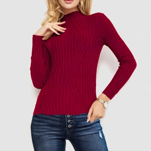 Detail of burgundy ribbed knit sweater featuring a chic mock neck and slim fit texture
