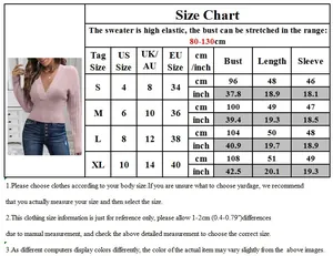 Detailed size chart for women's high elastic V-neck knit sweater with sizing measurements