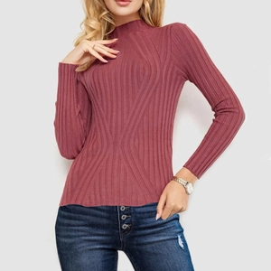 Close-up of mock neck long sleeve knit sweater in rust red with vertical ribbed texture