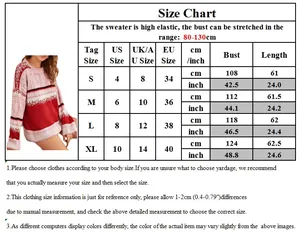 Women's Christmas knit sweater size chart with bust and length in cm and inches