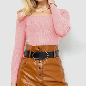 Detail of pink ribbed knit sweater paired with a brown leather skirt and black belt