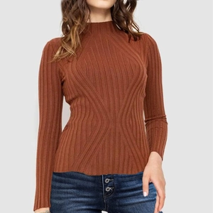 Close-up of rust red ribbed knit texture and semi-high collar of the long sleeve sweater