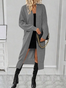 Dunkelgraue lange Strickjacke mit Rippbündchen und modischem, offenem Design