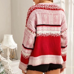 Women's festive knit sweater with red and pink jacquard patterns and loose fit
