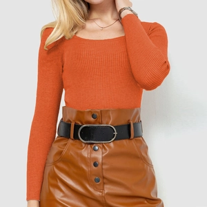 Detailed view of the vibrant orange ribbed knit texture and square neckline of the sweater