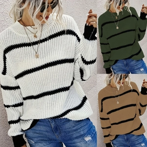 Pull en Tricot Rayé Décontracté pour Femmes Col Montant Manches Longues Automne Hiver Haut en Tricot Rayé pour Femmes