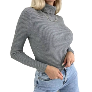 Women's chic grey turtleneck ribbed knit sweater with long sleeves and slim fit style