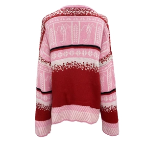 Women's knit sweater with pink and red geometric patterns and retro stripes in loose fit