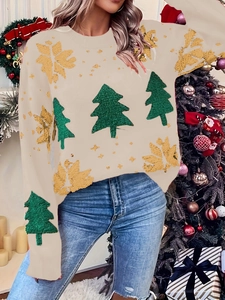 Detail of Christmas tree pattern and knit texture on beige festive holiday sweater