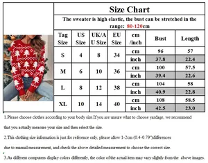 Size chart for women's Christmas knit sweater showing measurements in cm and inches