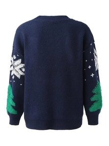 Detailed back view of a navy knit sweater featuring white snowflakes and green Christmas trees