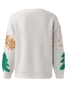 Detailed view of 3D Christmas trees and golden snowflakes on white knit sweater