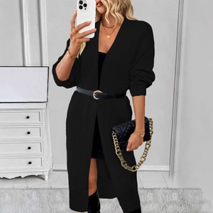 Damen Strickjacke in Schwarz lang geschnitten mit Rippbündchen und offener Front