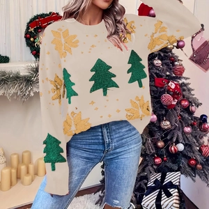 Women Christmas crewneck knit sweater with green trees and golden snowflakes pattern
