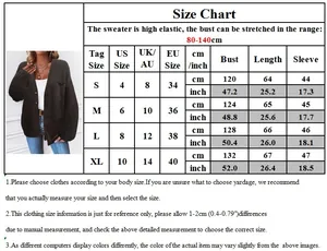 Detailed size chart for button-up knit cardigan sweater with bust and length measurements
