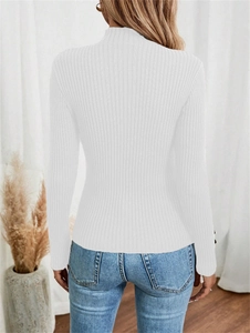 Back view of a white slim-fit ribbed knit sweater featuring a chic mock neck design