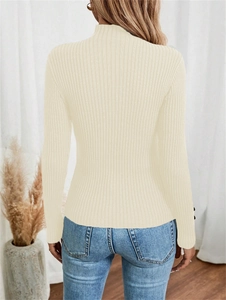 Back view of cream mock neck ribbed knit sweater with elegant vertical texture