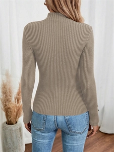 Detailed back view of a khaki ribbed knit sweater featuring a sleek long sleeve slim fit style