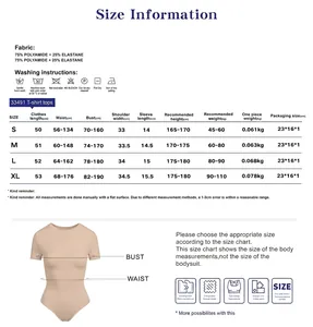 Tabla de tallas detallada para camiseta elástica con medidas y datos de la tela
