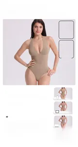 Detailed view of high elasticity khaki bodysuit with V-neckline and model size parameters