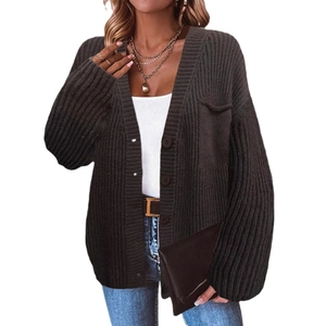 Women's dark grey chunky knit cardigan with V-neck, buttons, and a front pocket