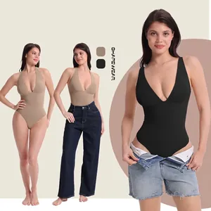 Slimming deep V-neck bodysuit shapewear in black and beige with halter neck style